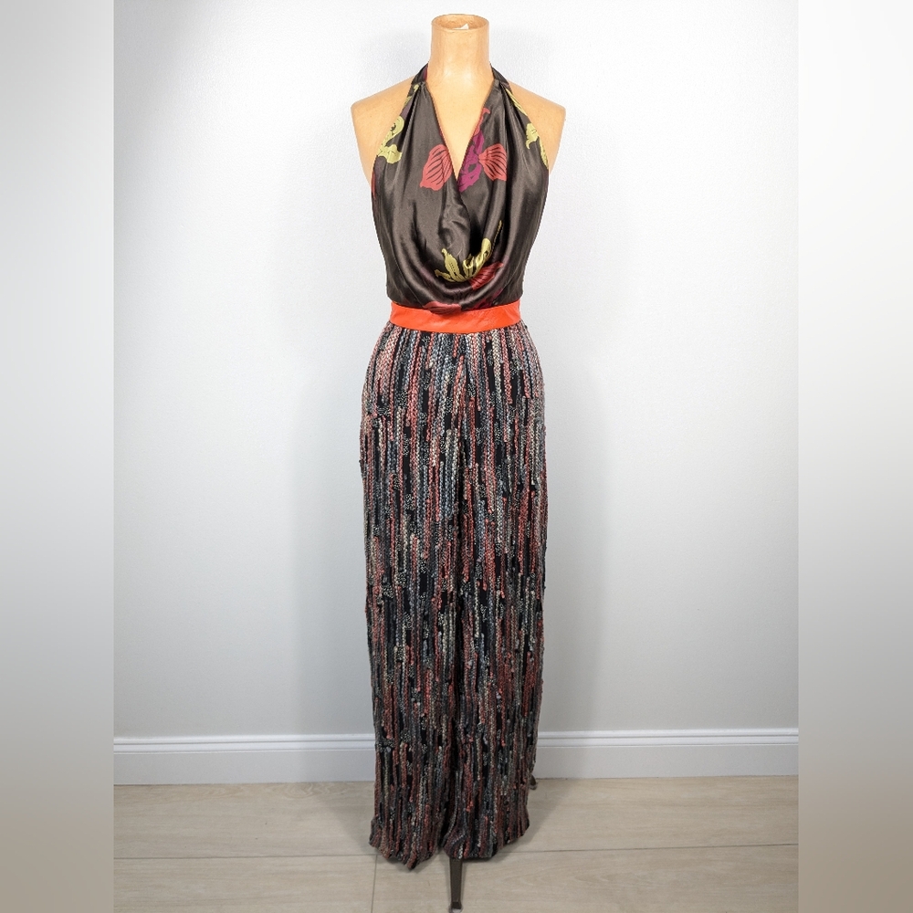 MART Hillary Jumpsuit Halter Cowl Neck Knit Wide Leg Silk Lambskin Trim Sz 0